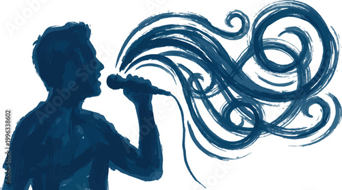 Blue silhouette man singing with swirling musical notes Vector