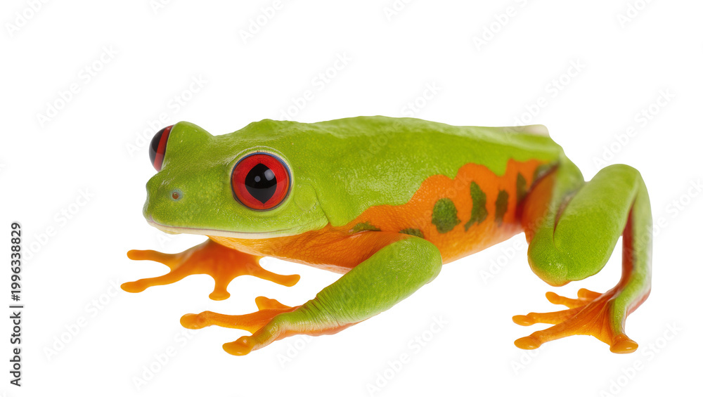 Fototapeta premium Vibrant green red-eyed tree frog with orange sides, isolated on transparent background