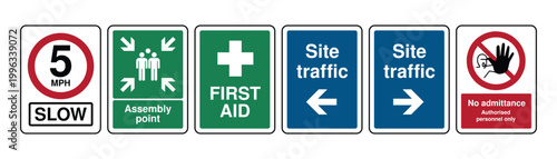 Construction Site Safety Signs Set with Speed Limit, Assembly Point, First Aid, Traffic Direction and No Admittance, Industrial Workplace Signage Collection for Safety Compliance