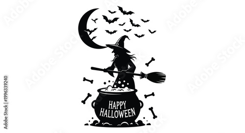 witch silhouette with cauldron and bats high quality