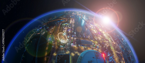 Tableau sur toile Conceptual sci-fi illustration of a glowing city planet with maritime festival i