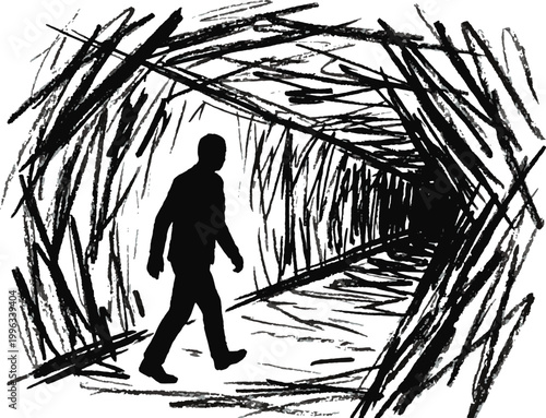Man walking through a dark sketchy tunnel Vector