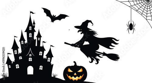 witch flying over haunted castle with pumpkin and bats silhouette