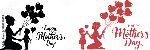 Set of silhouettes of mothers with children and heartshaped balloons for mothers day