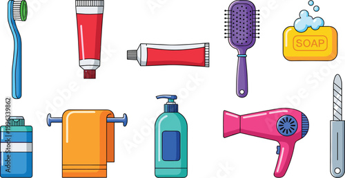 Personal Care and Hygiene Products Vector Set with Toothbrush, Toothpaste, Soap, Towel, Shampoo, Hairbrush, Hair Dryer, and Hygiene Icons for Digital, Web, and Print Media Designs
