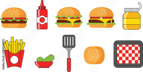 Fast Food and Burger Meal Vector Set with Burgers, Fries, Ketchup, Mustard, Pickles, Spatula, and Tray Icons for Digital, Web, and Print Media Designs