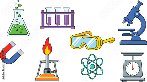 Science and Laboratory Equipment Vector Set with Beakers, Test Tubes, Microscope, Magnet, Flask, and Lab Tools Icons for Digital, Web, and Print Media Designs