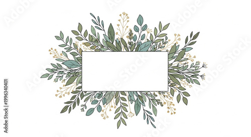 Watercolor floral frame, leafy border, greenery wreath, rectangular label