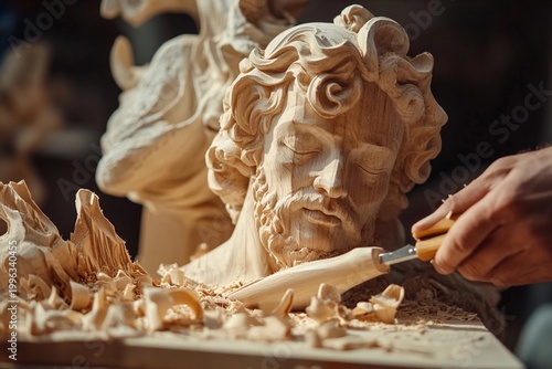 Artist carving wooden sculpture with focused expression