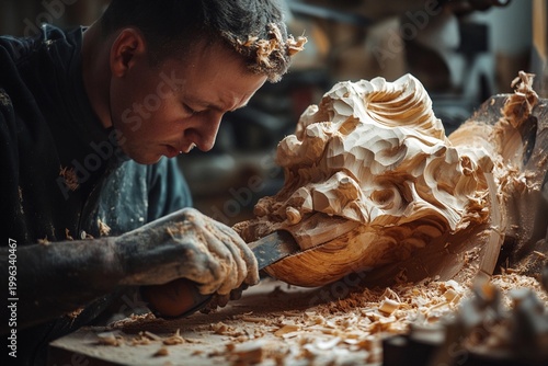 Skilled artisan shaping wooden sculpture with focus