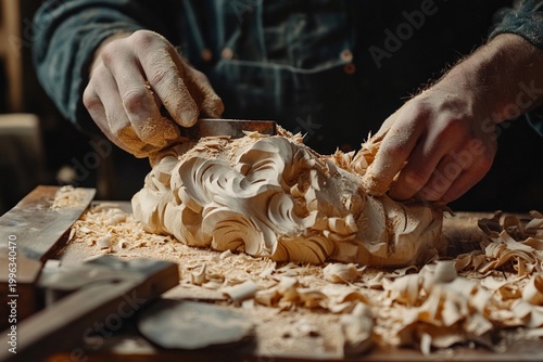 Skilled artisan shaping wooden sculpture with focus