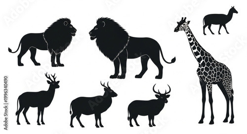 Silhouettes of various African animals standing.