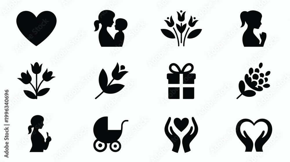 Fototapeta premium Vector illustration set of 12 minimalist icons representing love family and care including hearts silhouettes of parents and children plants gifts and symbols of nurturing