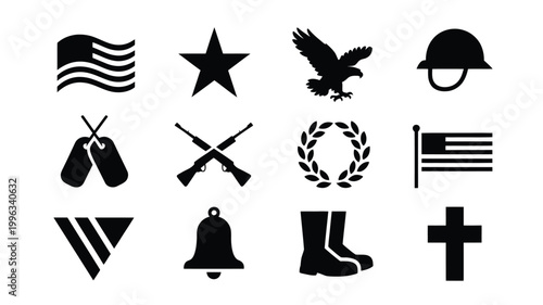 Minimalist vector design showcasing 12 military and patriotic symbols on white background with black icons