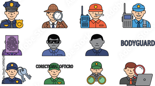 Security and Detective Icons Vector Set with Police, Detective, Bodyguard, Fingerprint, Key, and Communication Tools for Digital, Web, and Print Media Designs
