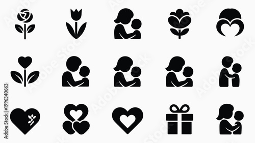 Vector illustration of black icons featuring mother and child hearts flowers and gift on white background