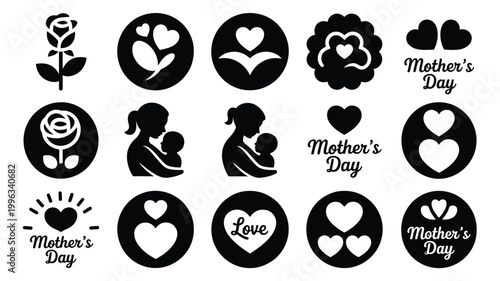 Mother's day icons set including hearts flowers love symbols and mother child silhouettes in black and white for greeting cards and celebrations