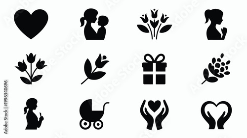 Vector illustration set of 12 minimalist icons representing love family and care including hearts silhouettes of parents and children plants gifts and symbols of nurturing
