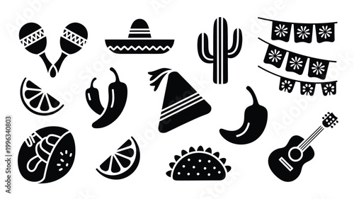 Collection of 12 black vector silhouettes featuring festive mexican icons including sombreros cacti maracas chili peppers tacos and musical instruments on white background