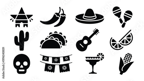 Black flat design mexican fiesta icons set including taco guitar and sombrero on white background