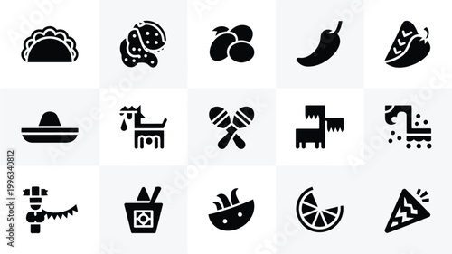 Minimalist grid layout featuring various food icons including tacos fruits and drinks on a clean background