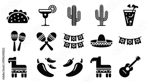 Mexican fiesta icons set including taco margarita cactus maracas sombrero and guitar on white background