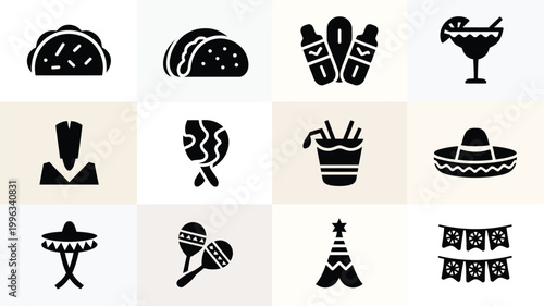Mexican fiesta icon set with food drinks and cultural symbols in black and white