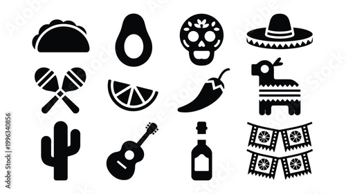 Minimalist vector illustration featuring festive mexican icons including sombrero maracas cactus guitar chili pepper and sugar skull on white background