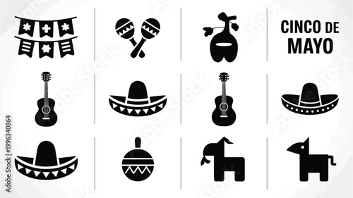 Cinco de mayo celebration icons featuring sombreros guitars and donkeys on white background