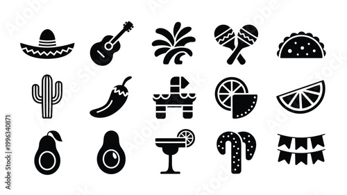 Mexican fiesta icon set with sombrero guitar taco and margaritas on white background