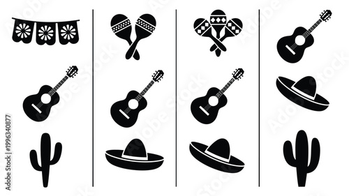Vector design set featuring festive mexican icons including guitars sombreros cacti and maracas on white background