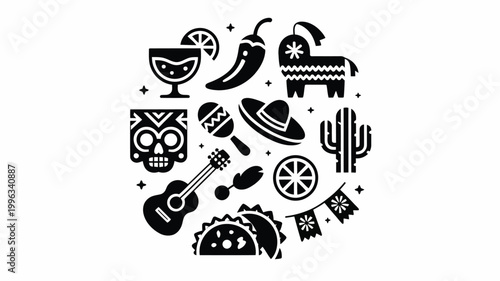 Vibrant mexican fiesta elements illustration with sombrero guitar taco cactus