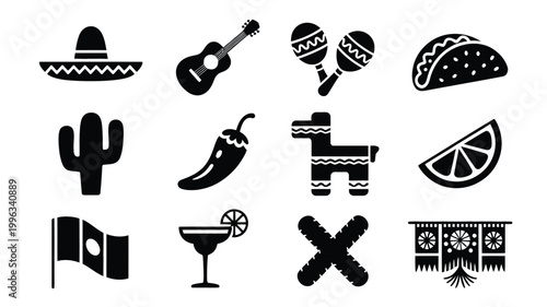 Mexican culture icons and food symbols with sombrero guitar maracas taco cactus chili donkey and lime conveying festive and culinary themes