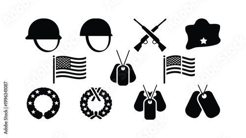 Military symbols and icons set including helmets flags guns badges and medals on white background