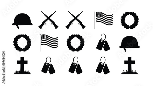 Memorial symbols for veterans including dog tags helmets flags and wreaths on white background