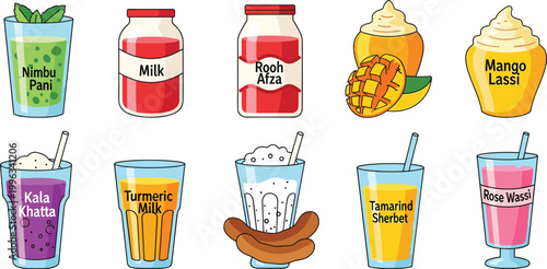 Traditional Indian Beverages Vector Set with Nimbu Pani, Milk, Rooh Afza, Mango Lassi, Kala Khatta, Turmeric Milk, Tamarind Sharbat, and Rose Water Icons for Digital, Web, and Print Media Designs