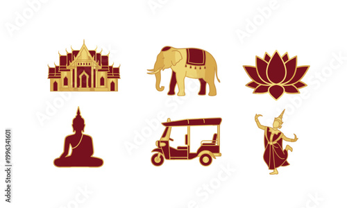 Traditional Thai Culture Icon Set Featuring Golden Temple, Elephant, Lotus Flower, Buddha Statue, Tuk Tuk, and Classical Dancer on White Background