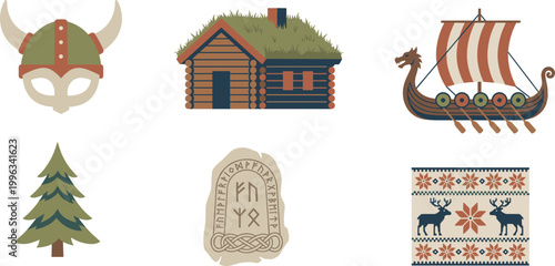 Viking and Scandinavian culture flat vector icons set featuring drakkar longship, horned helmet, wooden longhouse with grass roof, runestone, and deer.