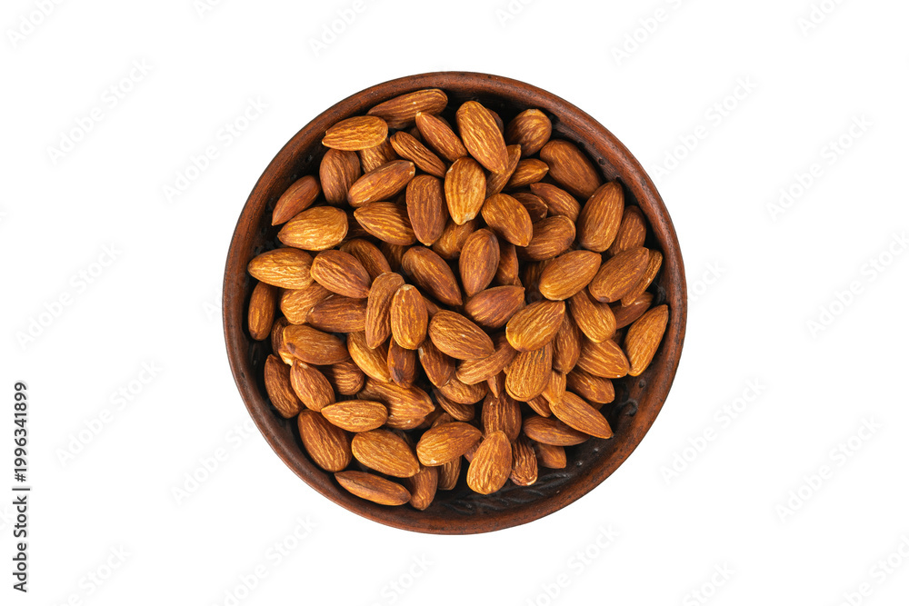 Naklejka premium Top View of Wooden Bowl Filled with Fresh Almonds on Transparent Background