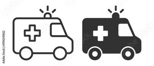 ambulance icon set with medical cross symbol and siren on transparent background