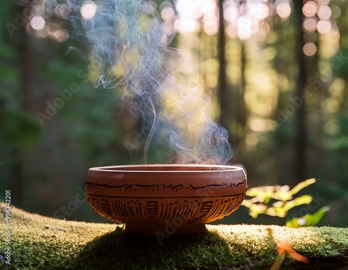 serene earthen bowl ritual brazier with incense smoke floating amidst a blurred forest background