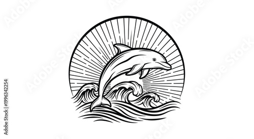 Dolphin jumps gracefully through splashing ocean waves in front of a radiant sunburst circle to create a classic maritime emblem that depicts wildlife in a natural style.