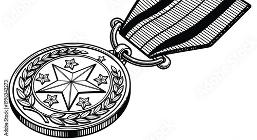 Medal design showcases an intricate circular award featuring a central star surrounded by laurel leaves and attached to a striped ribbon for military or academic honors.