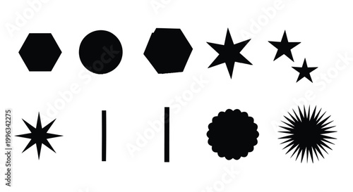 Shapes display a collection of geometric forms, including hexagons, circles, and various starbursts arranged in a grid for versatile user interface or design projects.