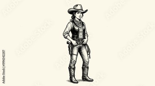 Cowgirl with Gun: Vintage Engraving Vector Illustration, Full Body Portrait, Isolated Western Design