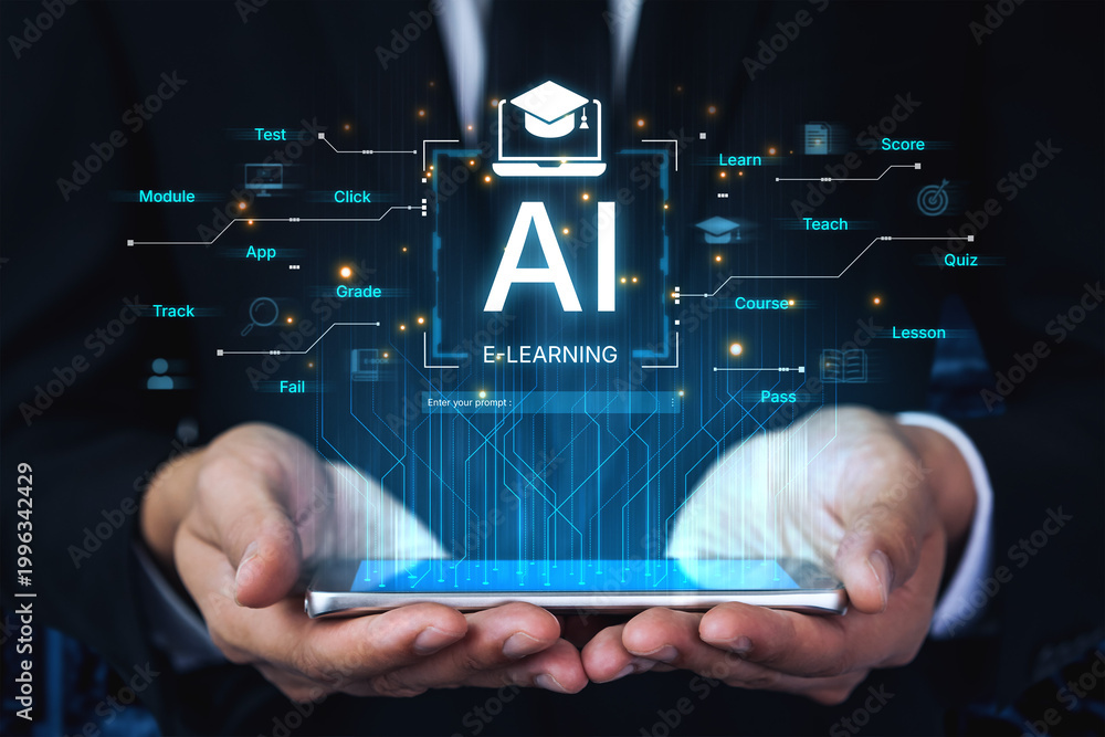Fototapeta premium Artificial intelligence AI enhances online study courses with adaptive AI content, progress tracking and interactive AI learning experiences. AI assisted online e-learning school platform. Corpus