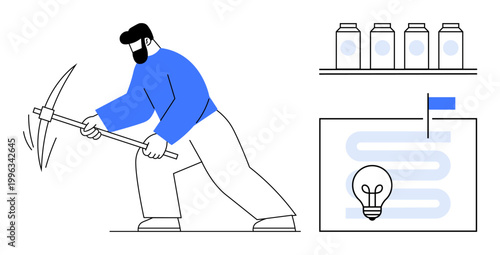 Mining concept. Visual of a worker mining with a pickaxe, jars on a shelf, and an innovation diagram with a lightbulb, mining, resource extraction, and creative processes. Ideal for labor
