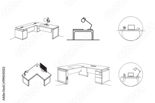 Technical Drawing Style Home Office Furniture Outlines.