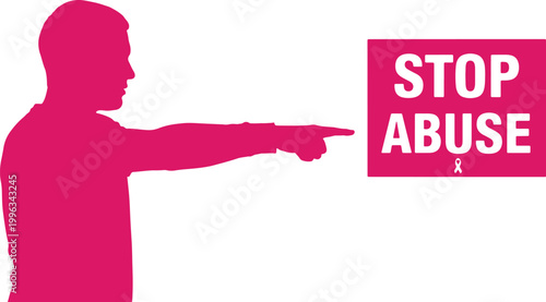 Man pointing finger at sign saying Stop Abuse, pink silhouette.