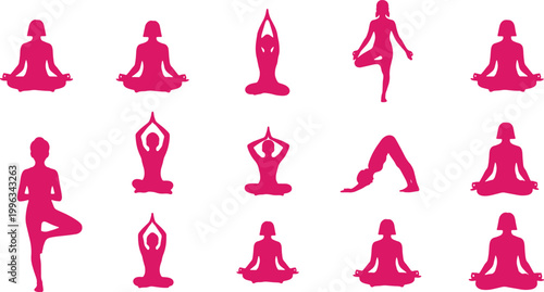 Collection of pink yoga poses silhouettes, mindfulness and fitness.